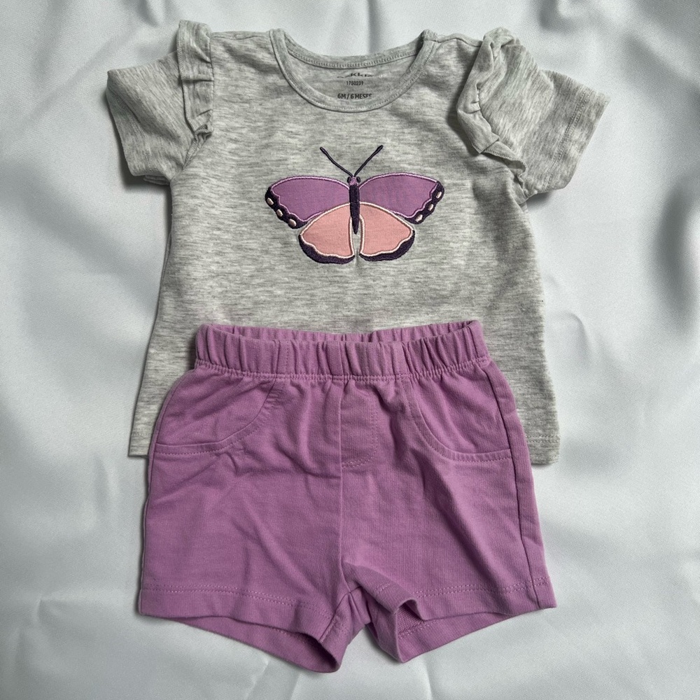 Gray T-Shirt with Butterfly and Purple Shorts Set